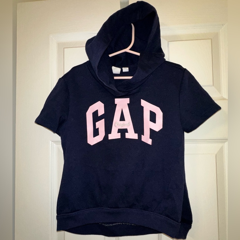 GAP Kids short sleeve hoodie sweatshirt - Girls Size Small 6-7 - Navy & Pink EUC